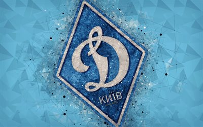نادي دينامو كييف, 4k, شعار, الهندسية الفنية, الأوكراني لكرة القدم, خلفية زرقاء, الدوري الأوكراني الممتاز, كييف, أوكرانيا, كرة القدم