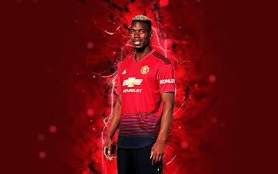 Paul Pogba, 4k, a temporada de 2018 e 2019, jogadores de futebol, O Manchester United, luzes de neon, Premier League, Pogba, futebol, f&#227; de arte, Man United