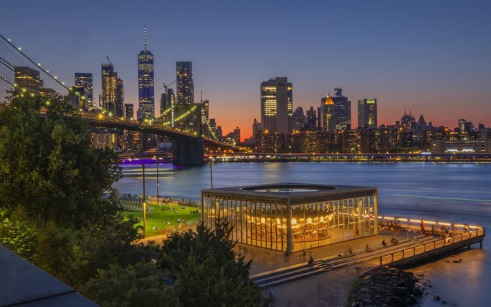 New York, Brooklyn, Jane Carousel, Idora Park Merry-Go-Round, pont de Brooklyn, soir&#233;e, coucher de soleil, gratte-ciel, paysage urbain de New York, USA