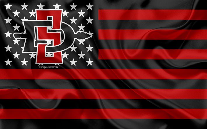San Diego State Aztecs, equipo de f&#250;tbol americano, bandera americana creativa, bandera negra roja, NCAA, San Diego, California, EE UU, San Diego State Aztecs logo, emblema, bandera de seda, f&#250;tbol americano