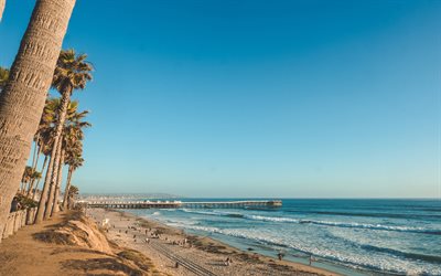 San Diego, Oceano Pacifico, costa, sera, tramonto, spiagge di San Diego, palme, California, USA