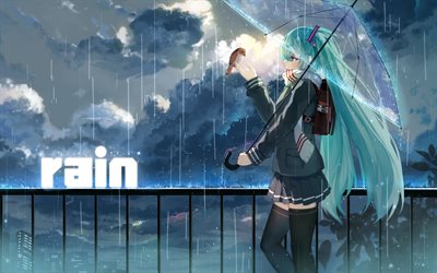 Hatsune Miku, anime characters, rain, Vocaloid