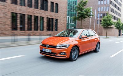 Volkswagen Polo, 2018, 4k, new orange Polo, hatchback, Polo 2018, German cars, Volkswagen