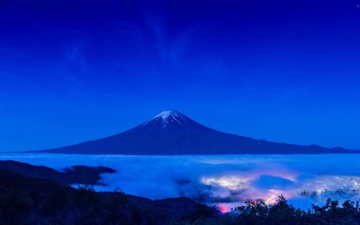Fujiyama, nightscape, Mount Fuji, Asia, stratovolcano, Japan