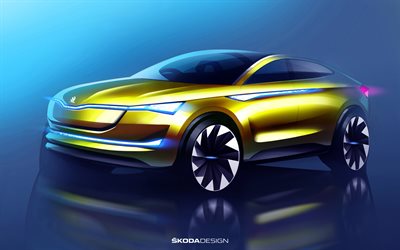 4k, Skoda Vision E, teaser, 2018 cars, crossovers, Skoda