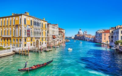 Grand Canal, 4k, Venedig, sommar, turism, b&#229;tar, Italien