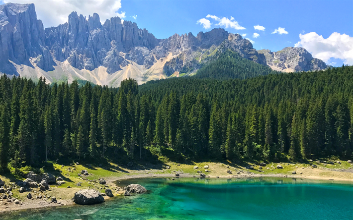 Karersee, Italia, 4k, Alpes, monta&#241;a, lago, verano, monta&#241;as