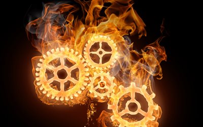 gears, fire, flame, art, cogwheels