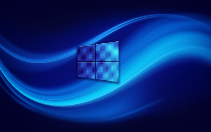 4k, Windows-10, logotyp, abstrakta v&#229;gor, bl&#229; bakgrund, Windows
