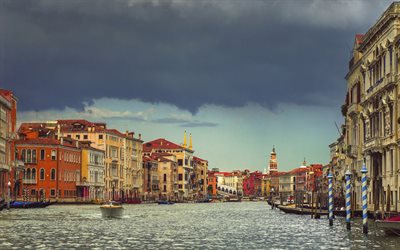 Venedig, regn, Italien, grand canal, b&#229;tar, staden p&#229; vattnet