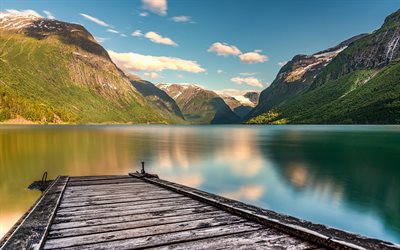 mountain lake, morning, pier, mountains, Norway, peace of mind concepts
