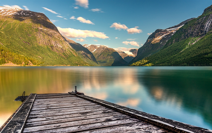山湖, 朝, 桟橋, 山々, ノルウェー, 安心の概念