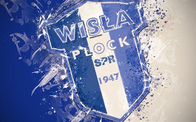 Wisla Plock, 4k, paint art, logo, creative, Polish football team, Ekstraklasa, emblem, blue white background, grunge style, Plock, Poland, football