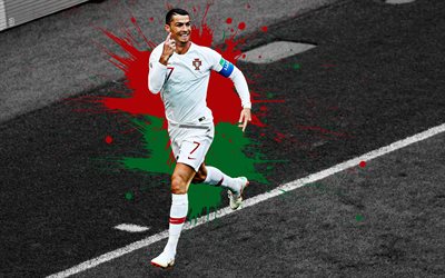 Cristiano Ronaldo, 4k, Portugal national football team, football game, green red splashes of paint, grunge art, creative art, Portugal, CR7, football superstar