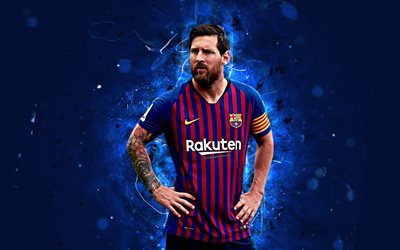 Lionel Messi, 4k, argentinian footballer, 2018, Barcelona FC, La Liga, Messi, Barca, Leo Messi, neon lights, soccer, LaLiga