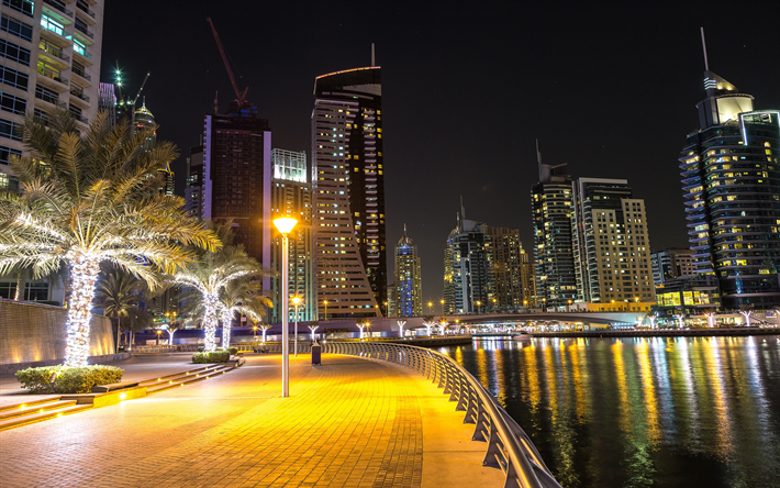 Dubai, night, embankment, bay, yachts, UAE, skyscrapers, cityscape