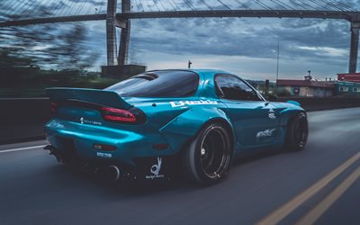 Mazda RX-7, rear view, lowrider, blue sports coupe, tuning RX-7, Japanese sports cars, Mazda