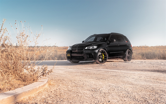 BMW X5M, E70, lyxig svart SUV, tuning X5, svart X5M, svarta hjul, Tyska bilar, BMW