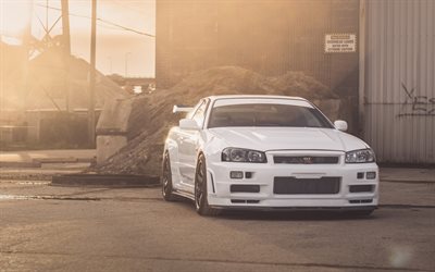 Nissan GT-R, white sports coupe, tuning, Japanese sports cars, Nissan Skyline, GT-R R34, Nissan