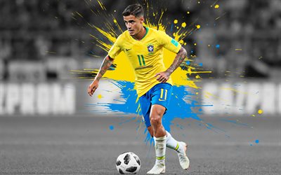 Philippe Coutinho, 4k, Brazil national football team, art, splashes of paint, grunge art, Brazilian footballer, creative art, Brazil, football