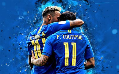 Neymar, Philippe Coutinho, goal, blue uniform, Brazil National Team, fan art, Coutinho, Neymar JR, soccer, neon lights, football stars, Brazilian football team