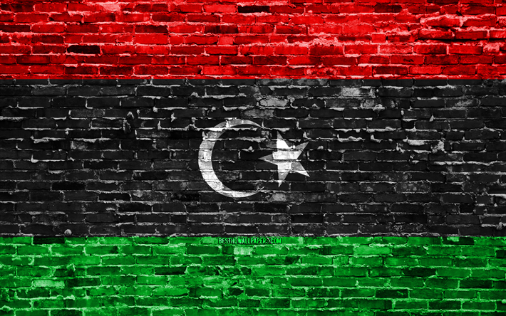 4k, الليبية العلم, الطوب الملمس, أفريقيا, الرموز الوطنية, علم ليبيا, brickwall, ليبيا 3D العلم, البلدان الأفريقية, ليبيا