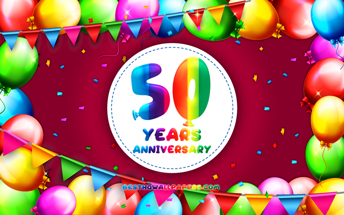 50 A&#241;os de Aniversario, 4k, colorido globo marco, fondo p&#250;rpura, 50 Aniversario, creativo, 50 aniversario signo, Aniversario concepto