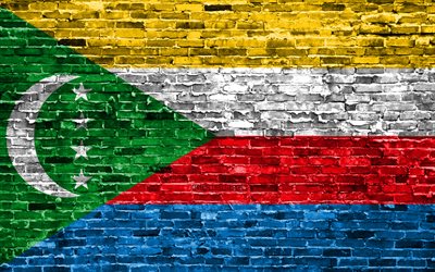 4k, Comoros flag, bricks texture, Africa, national symbols, Flag of Comoros, brickwall, Comoros 3D flag, African countries, Comoros