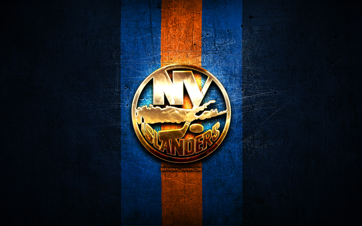 New York Islanders, golden logotyp, NHL, bl&#229; metall bakgrund, amerikansk ishockey, National Hockey League, New York Islanders logotyp, hockey, USA, NY Islanders