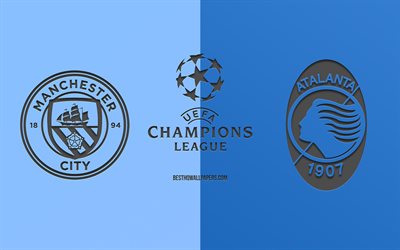 Manchester City vs Atalanta, football match, 2019 Champions League, promo, blue background, creative art, UEFA Champions League, football, Man City vs Atalanta