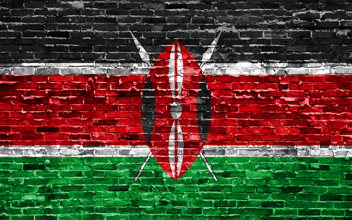 4k, De Kenyan bandeira, tijolos de textura, &#193;frica, s&#237;mbolos nacionais, Bandeira do Qu&#234;nia, brickwall, Qu&#234;nia 3D bandeira, Pa&#237;ses da &#225;frica, Qu&#234;nia