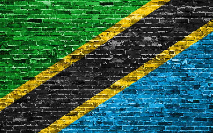 4k, Tanzanya bayrak, tuğla doku, Afrika, Ulusal semboller, Tanzanya Bayrak, brickwall, Tanzanya 3D bayrağı, Afrika &#252;lkeleri, Tanzanya