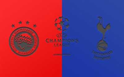 Olympiakos vs Tottenham, football match, 2019 Champions League, promo, red blue background, creative art, UEFA Champions League, football