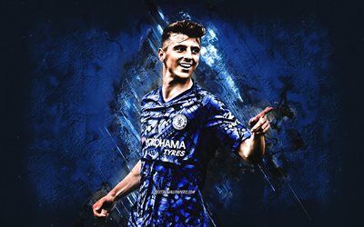 Mason Mount, portrait, Chelsea FC, English football player, midfielder, Premier League, blue stone background, England, football