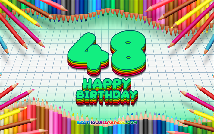 4k, Felice 48esimo compleanno, colorato, matite telaio, Festa di Compleanno, turchese sfondo a scacchi, Felice di 48 Anni Compleanno, creativo, 48 &#176; compleanno, il Compleanno concetto, 48 &#176; Festa di Compleanno