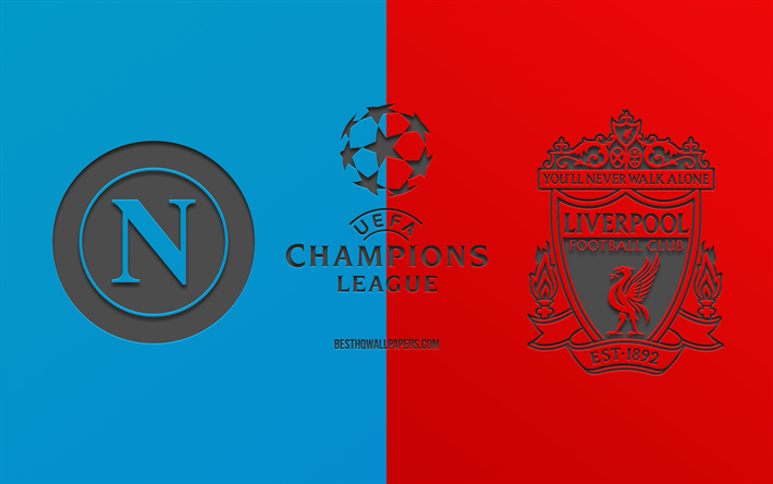 Napoli vs Liverpool, fotbollsmatch, 2019 Champions League, promo, r&#246;d bl&#229; bakgrund, kreativ konst, UEFA Champions League, fotboll