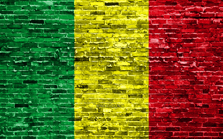 4k, Mali bayrağı, tuğla doku, Afrika, Ulusal semboller, Mali Bayrağı, brickwall, Mali 3D bayrağı, Afrika &#252;lkeleri, Mali