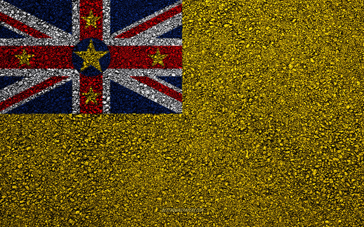 Flag of Niue, asphalt texture, flag on asphalt, Niue flag, Oceania, Niue, flags of Oceania countries
