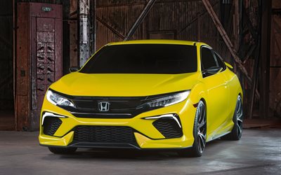 Honda Civic, 4k, garage, 2019 cars, headlights, 2019 Honda Civic, yellow Civic, japanese cars, Honda