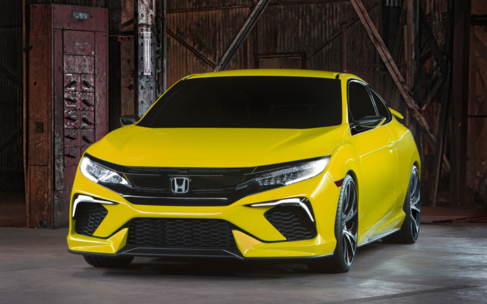 Honda Civic, 4k, garaje, 2019 coches, faros de 2019 Honda Civic, de color amarillo Civic, los coches japoneses, Honda
