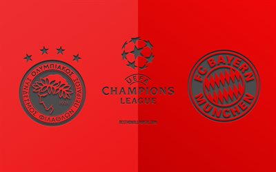 Olympiacos vs Bayern Munich, football match, 2019 Champions League, promo, red background, creative art, UEFA Champions League, football, Olympiacos Piraeus vs FC Bayern Munich