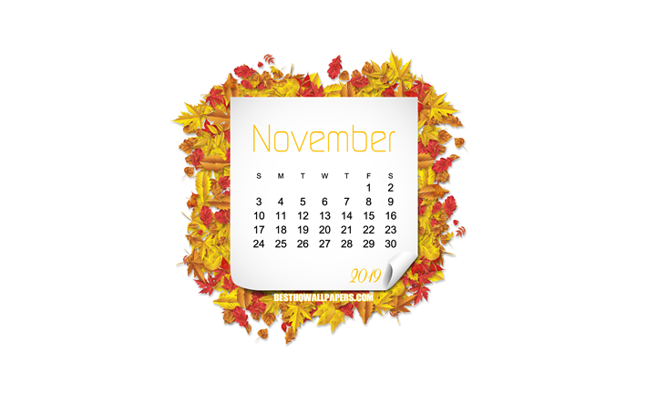 2019 november-kalender, herbst, rahmen, 2019 kalender, november, rahmen mit gelben bl&#228;ttern, kunst, wei&#223;er hintergrund, november 2019 kalender