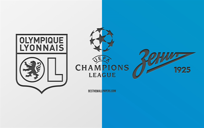 L&#39;Olympique Lyonnais vs FC Zenit, partita di calcio, 2019 Champions League, promo, bianco-blu di sfondo, creativo, arte, UEFA Champions League, di calcio, di Lione vs Zenit