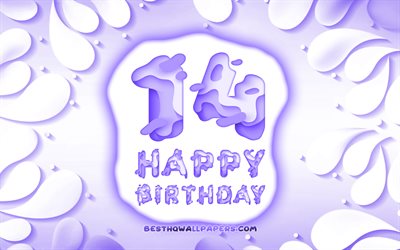 Happy 14 Years Birthday, 4k, 3D petals frame, Birthday Party, violet background, Happy 14th birthday, 3D letters, 14th Birthday Party, Birthday concept, artwork, 14th Birthday