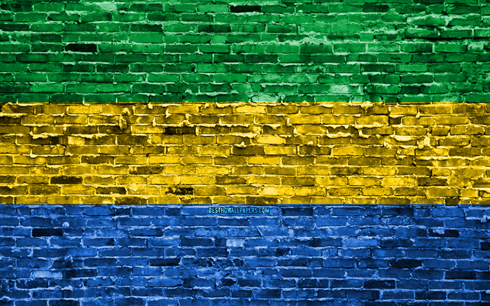 4k, Gabonin lippu, tiilet rakenne, Afrikka, kansalliset symbolit, Lippu, finland, brickwall, Gabon 3D flag, Afrikan maissa, Gabon
