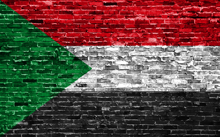 4k, Sudan bayrağı, tuğla doku, Afrika, Ulusal semboller, Sudan Bayrağı, brickwall, Sudan 3D bayrağı, Afrika &#252;lkeleri, Sudan