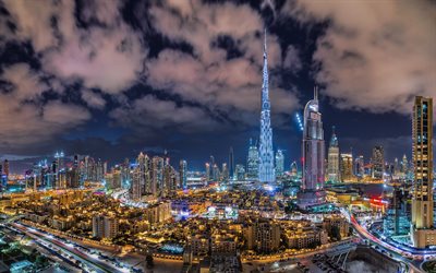 Burj Khalifa at night, nightscapes, skyscrapers, United Arab Emirates, cityscapes, Dubai, UAE, Burj Khalifa