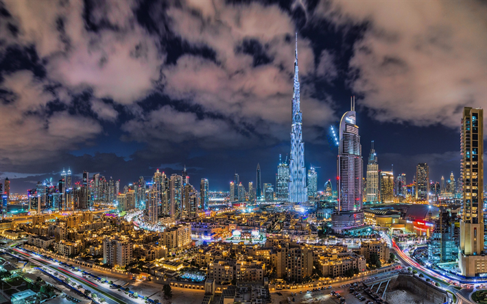 O Burj Khalifa &#224; noite, noturnas, arranha-c&#233;us, Emirados &#193;rabes Unidos, paisagens de cidade, Dubai, EMIRADOS &#225;rabes unidos, O Burj Khalifa
