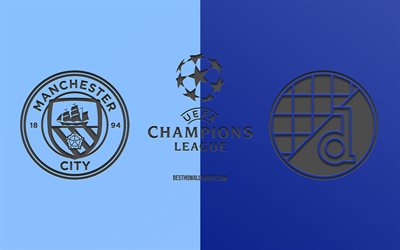 Manchester City vs Dinamo Zagreb, football match, 2019 Champions League, promo, blue background, creative art, UEFA Champions League, football, Man City v Dinamo Zagreb