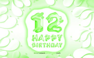 Happy 12 Years Birthday, 4k, 3D petals frame, Birthday Party, green background, Happy 12th birthday, 3D letters, 12th Birthday Party, Birthday concept, artwork, 12th Birthday